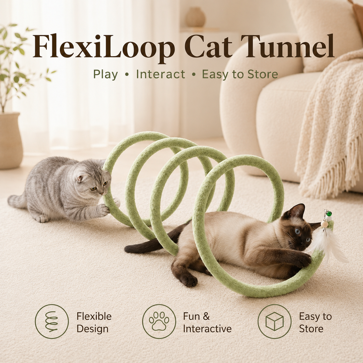 Foldable Spring Interactive Cat Tunnel with Feather Toys