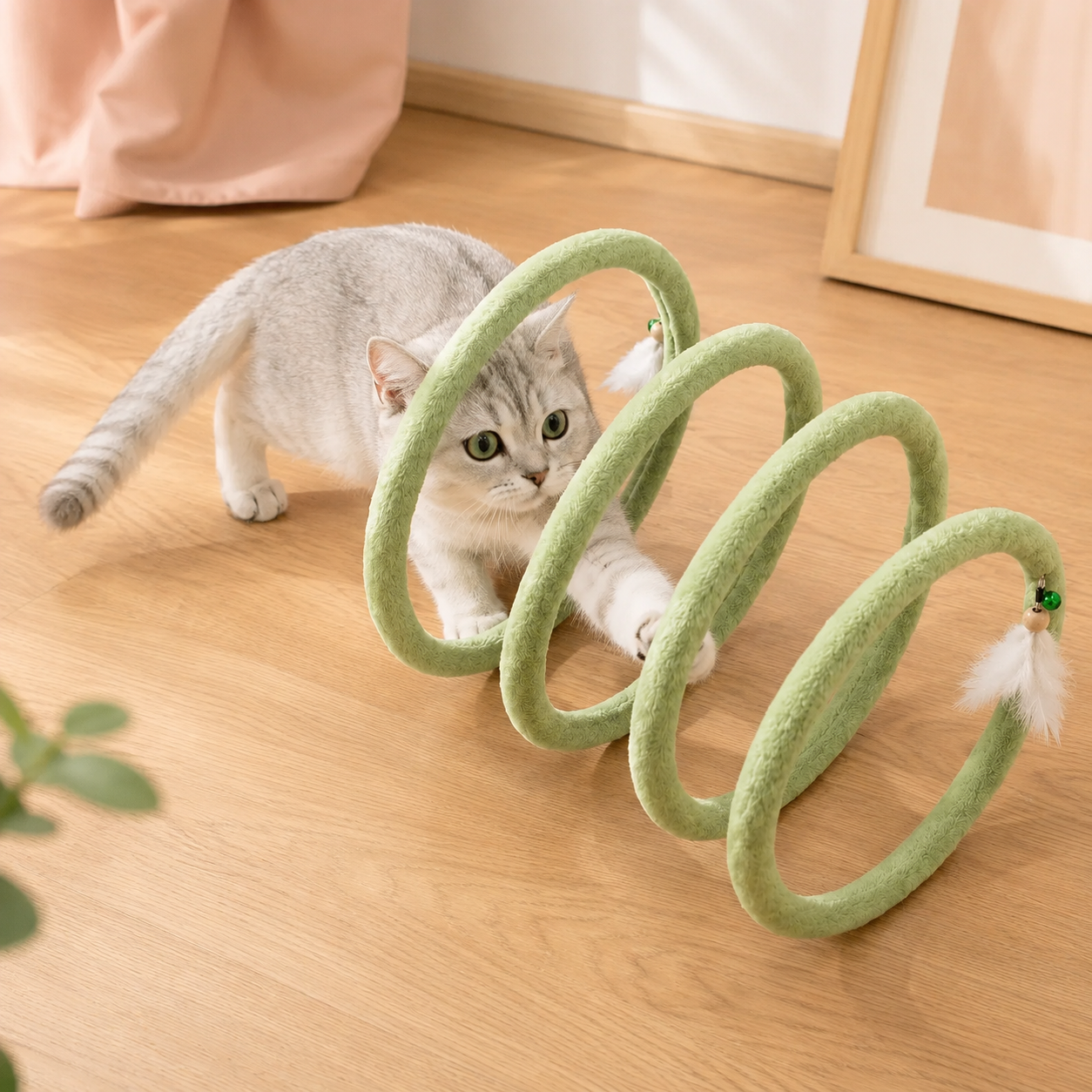 Foldable Spring Interactive Cat Tunnel with Feather Toys